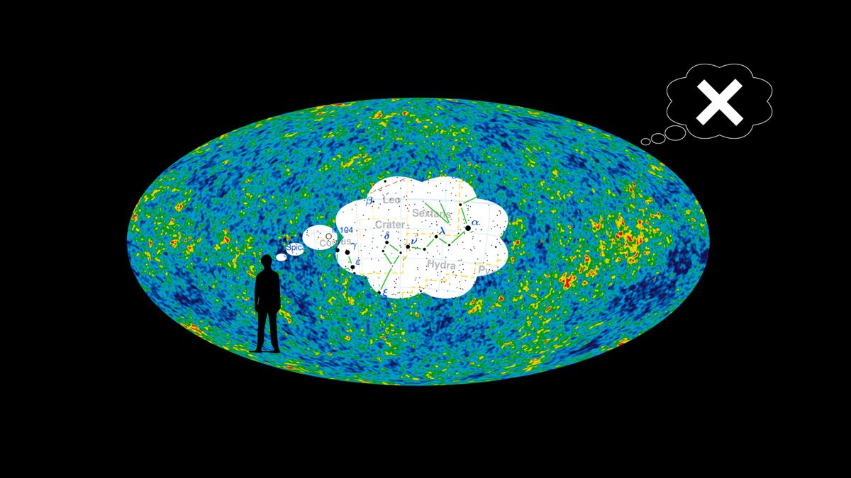 A human observer inside the cosmic microwave background, thinking the constellations — giving the universe its story