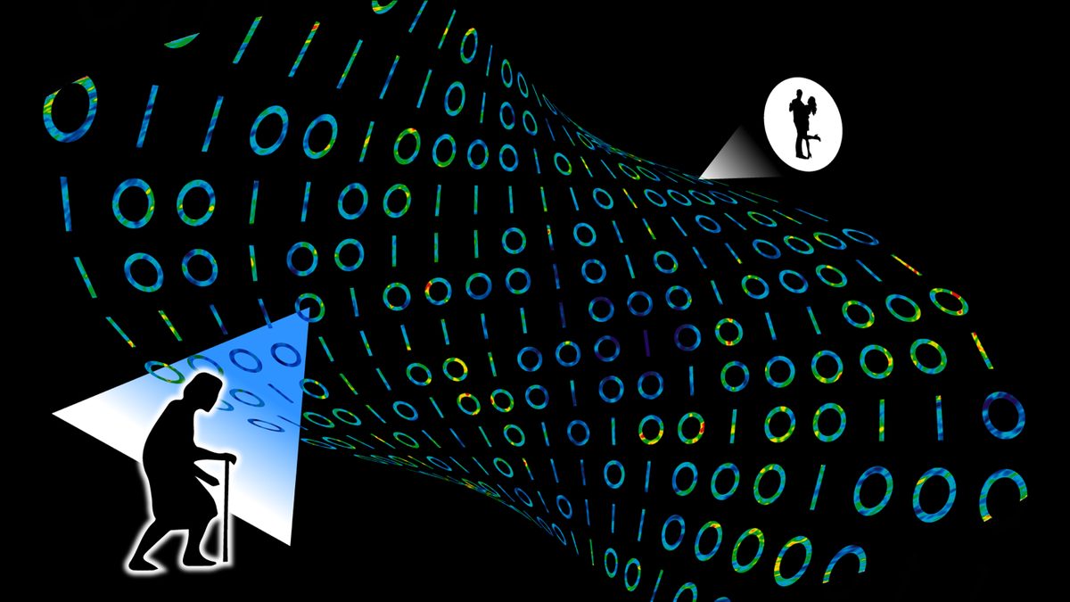 A curved surface of binary digits projecting remembered moments of a life back into the world