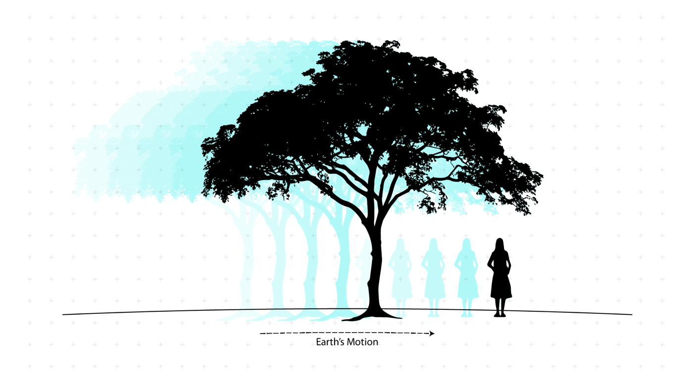 A tree and an observer trailing near-parallel copies of themselves as the Earth moves