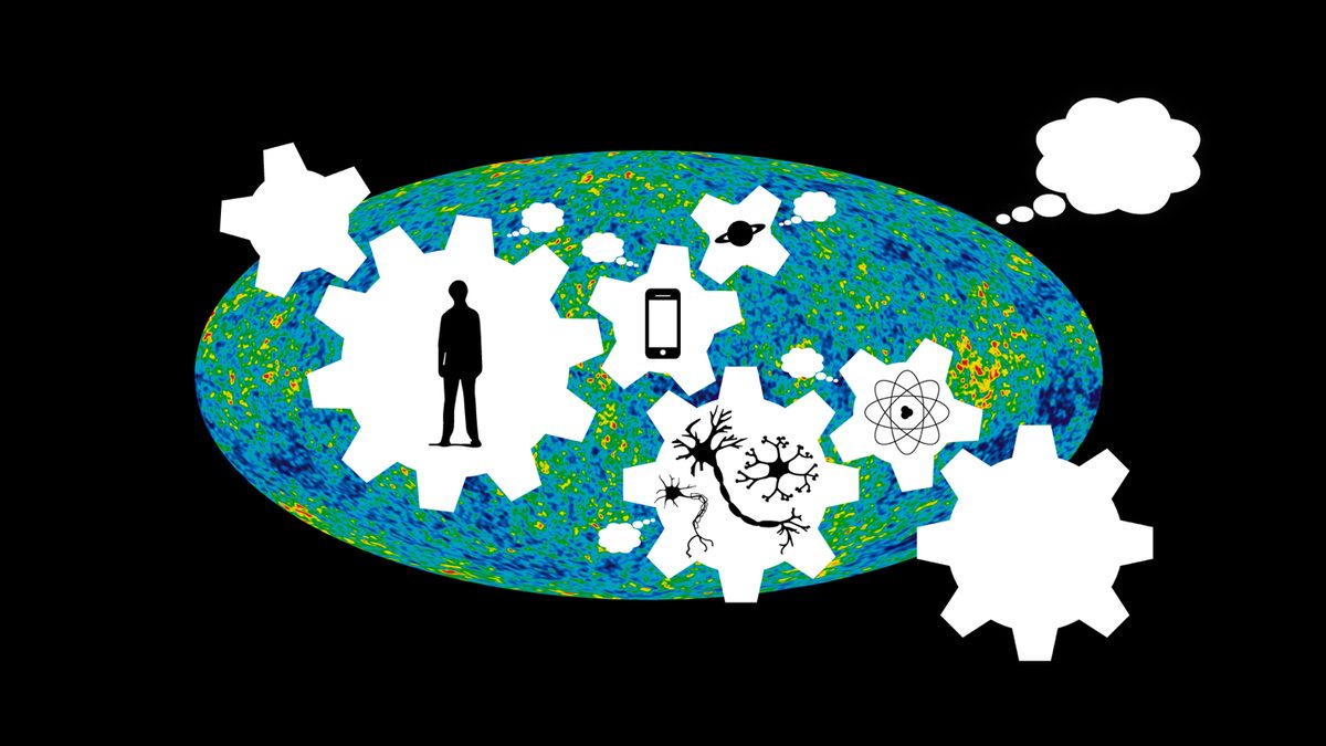 Interlocking gears carrying a human, neurons, an atom, and a planet across the cosmic microwave background