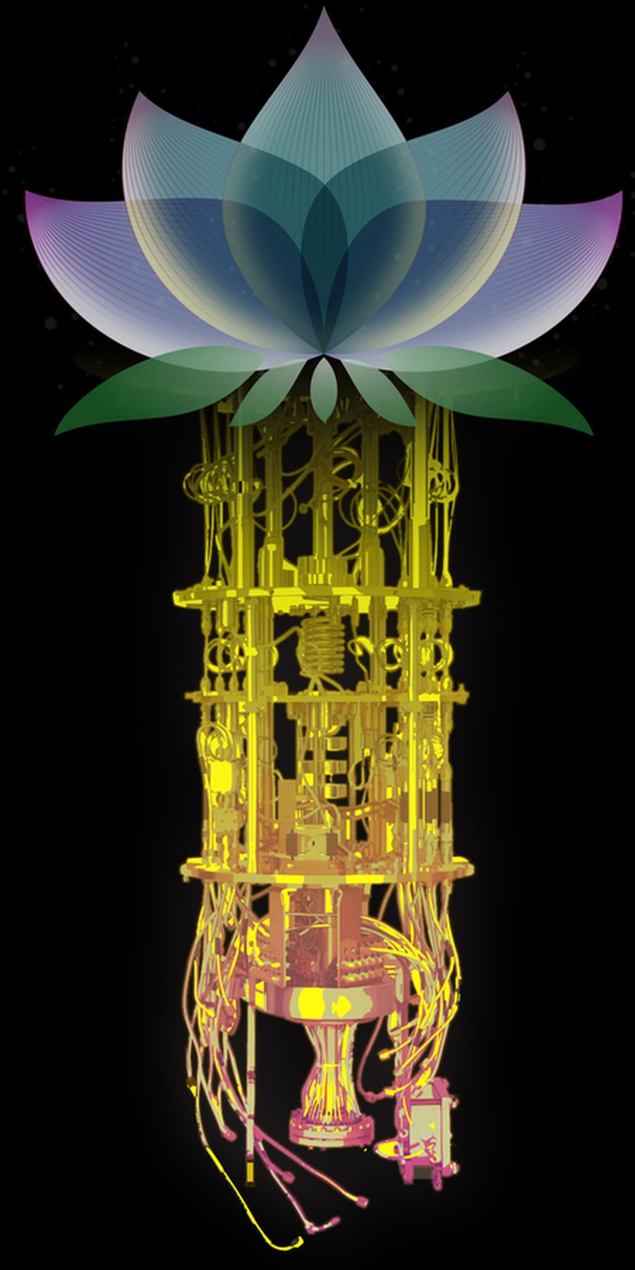 A lotus blooming from the chandelier of a golden quantum computer